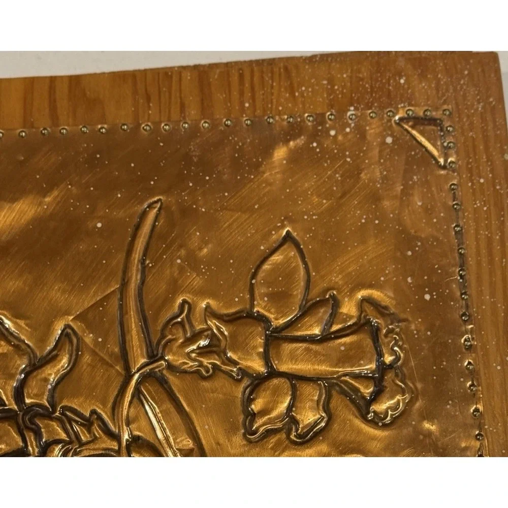 VTG Handmade Wooden & Hammered Copper Relief Floral Memory Scrapbook Book